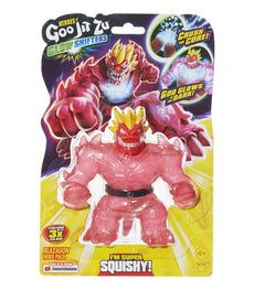 Heroes of Goo Jit Zu Glow Shifters Blazagon toy in packaging, featuring stretchable, squeezable, glow-in-the-dark dragon.