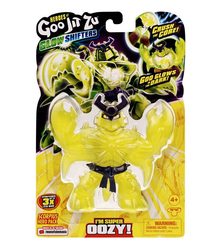 Goo Jit Zu Glow Shifters Scorpius toy in packaging, stretchy and glow-in-the-dark fun.