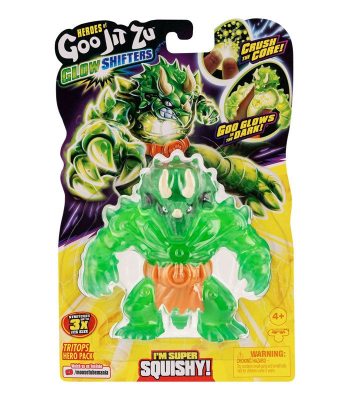 Heroes of Goo Jit Zu Glow Shifters Tritops toy packaging, green and orange stretchy figure with glow-in-the-dark features.