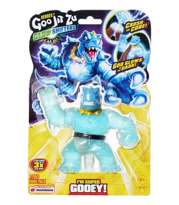 Goo Jit Zu Glow Shifters Tyro toy in packaging, glowing warrior figure, stretchy and squishy.