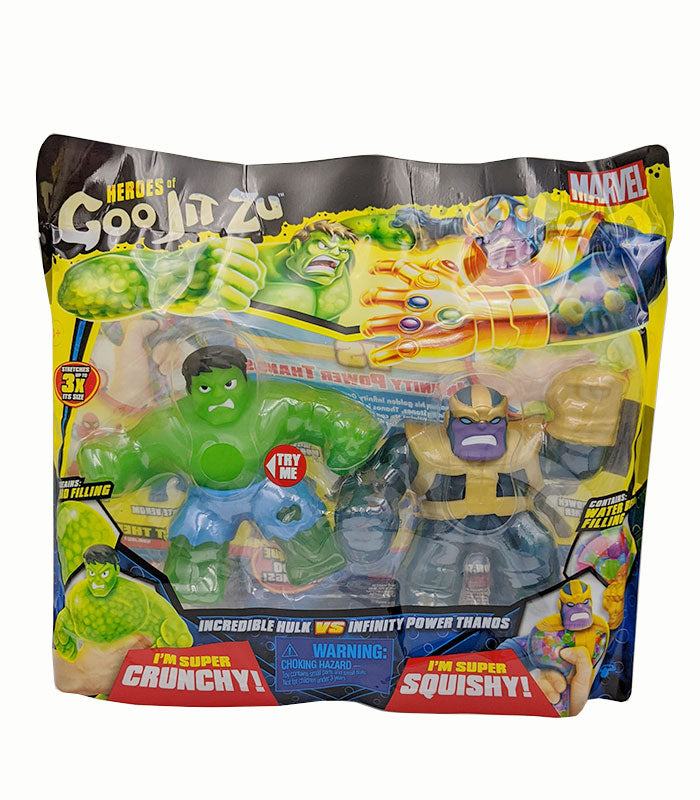 Goo Jit Zu Marvel Versus Pack with Hulk and Thanos figurines in action packaging.