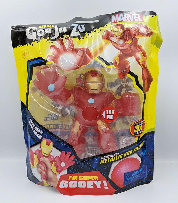 Heroes of Goo Jit Zu Iron Man toy in packaging with metallic goo filling.