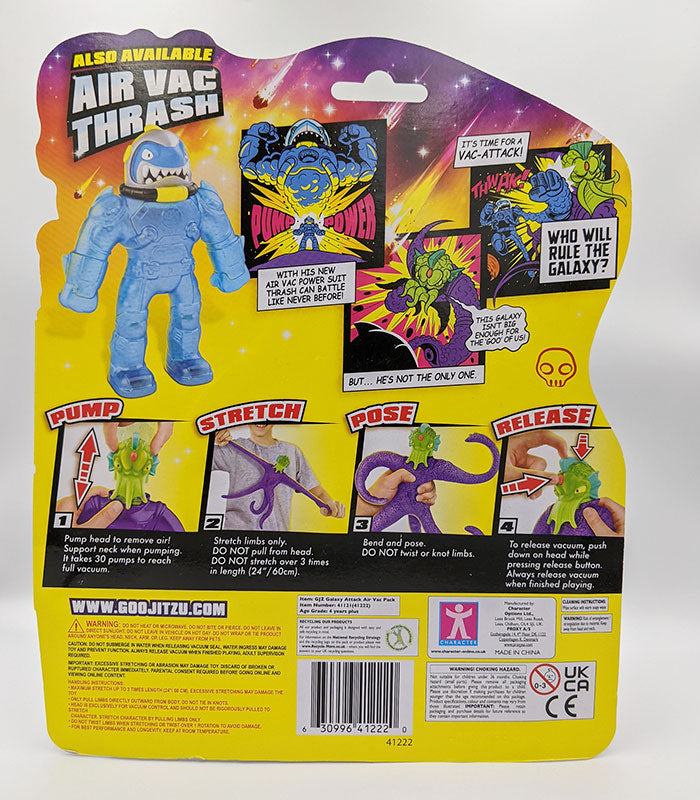 Heroes of Goo Jit Zu Galaxy Attack Air Vac Orbitox toy packaging, featuring vacuum action and stretchable arms. Suitable for ages 4+.