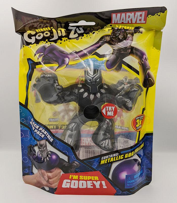 Goo Jit Zu Black Panther toy in packaging with metallic goo filling and stretchy features.