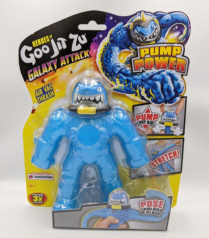 Heroes of Goo Jit Zu Air Vac Thrash action figure in packaging with galaxy design and pump power feature.