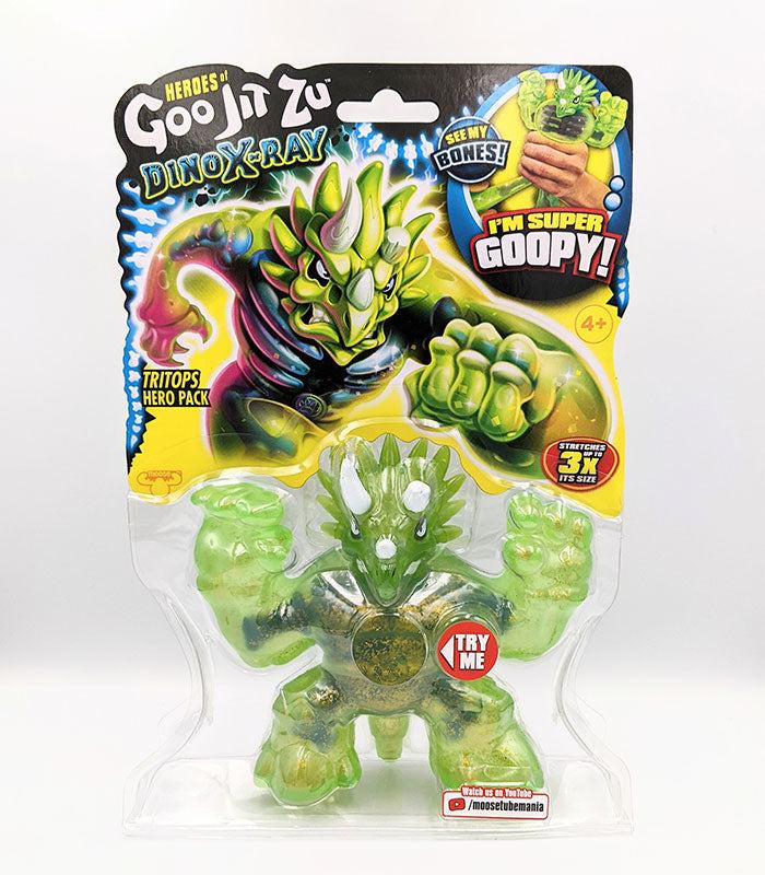 Heroes of Goo Jit Zu Dino X-Ray Tritops toy in packaging, stretchy and gooey dinosaur figure with visible bones.