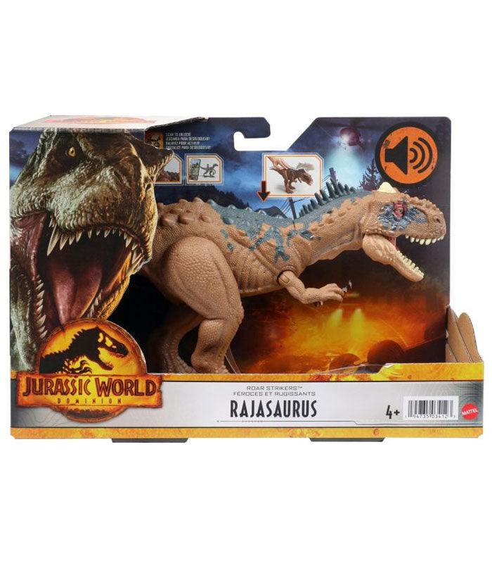 Jurassic World Dominion Roar Strikers Rajasaurus action figure in packaging.