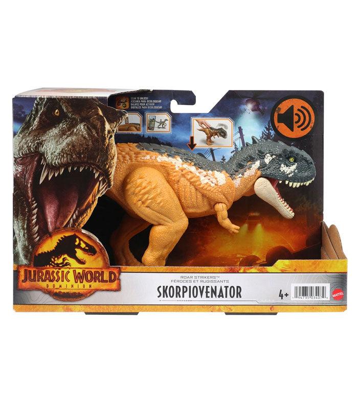 Jurassic World Dominion Roar Strikers Skorpiovenator action figure in packaging.