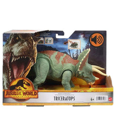 Jurassic World Dominion Roar Strikers Triceratops action figure in packaging.