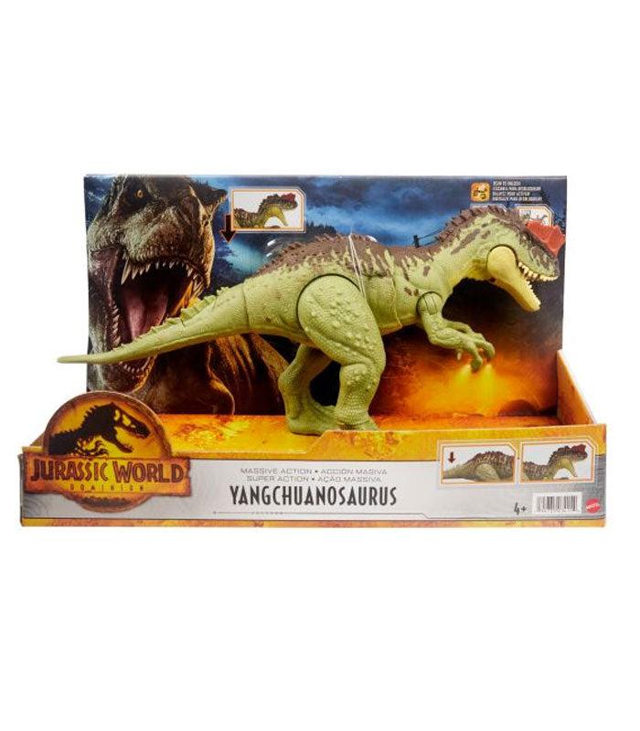 Jurassic World Dominion Massive Action Yangchuanosaurus toy figure with realistic textures and colors in display packaging.