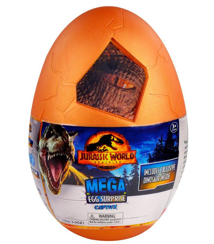 Jurassic World Captivz Dominion Mega Egg with dinosaur-themed surprises and backpack case.