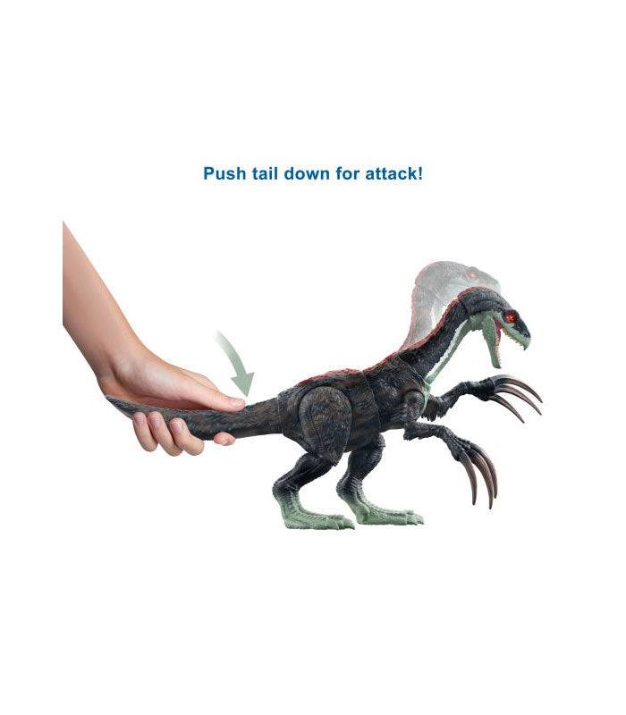 Jurassic World Dominion Sound Slashin' Therizinosaurus Push  tail down for attack