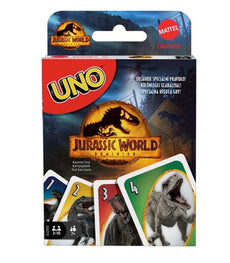 Jurassic World Dominion UNO card game featuring movie-themed graphics on packaging.