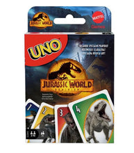 Load image into Gallery viewer, Jurassic World Dominion UNO card game featuring movie-themed graphics on packaging.
