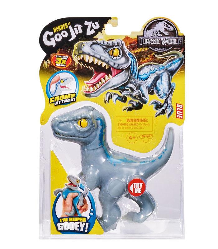Goo Jit Zu Jurassic World Blue stretchy dinosaur toy in packaging.