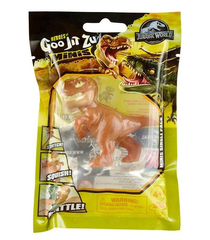 Goo Jit Zu Jurassic World Minis T-Rex toy in packaging, stretchy dinosaur.