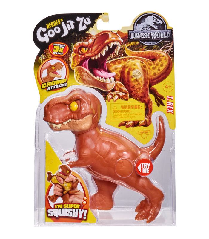 Goo Jit Zu Jurassic World T-Rex toy, stretchy dinosaur figure for kids 4+.