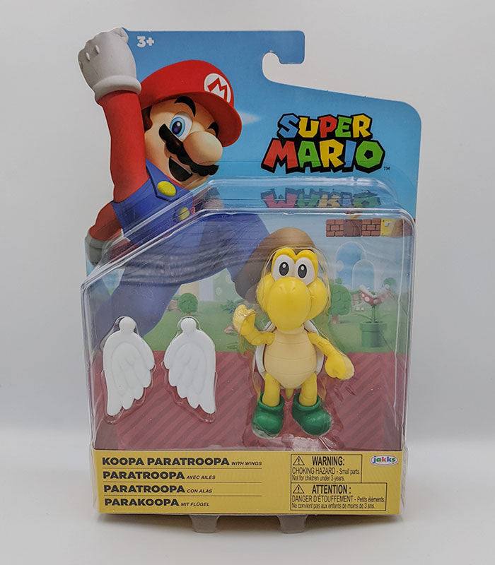 Super Mario Koopa Paratroopa 4 Inch Figure with wings and 13 points of articulation in packaging.