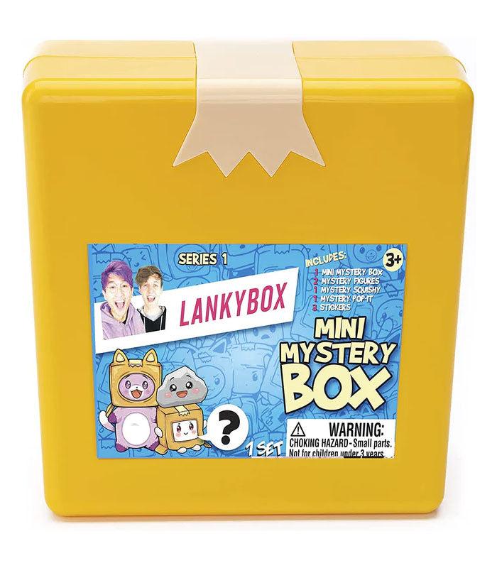 LankyBox Mini Mystery Box with collectibles, squishy, pop-it, and stickers in yellow packaging.