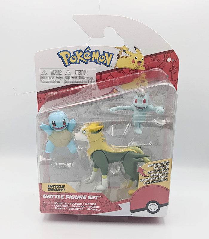 Pokemon Battle Figures - Squirtle, Boltund, Machop toy set in packaging.