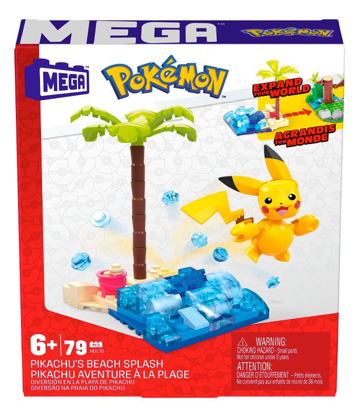 MEGA Pokemon Pikachu Beach Splash Construction Set box with 79 pieces and beach scene.
