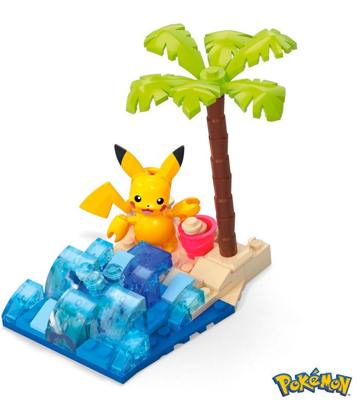 MEGA Pokemon Pikachu Beach Splash Construction Set with beach scene and palm tree.