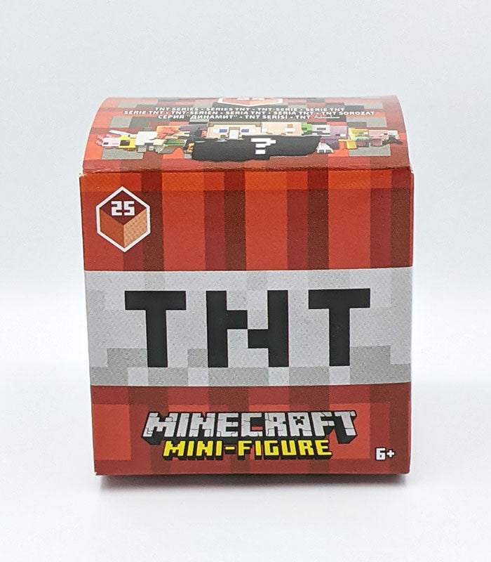 Minecraft Mini-Figure TNT Series 25 Blind Box packaging, featuring mystery character graphics and series branding.