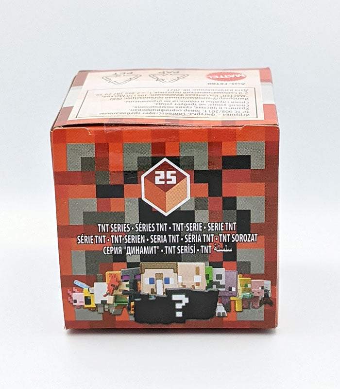 Minecraft Mini-Figure TNT Series 25 Blind Box packaging with pixelated design and mystery character hint.