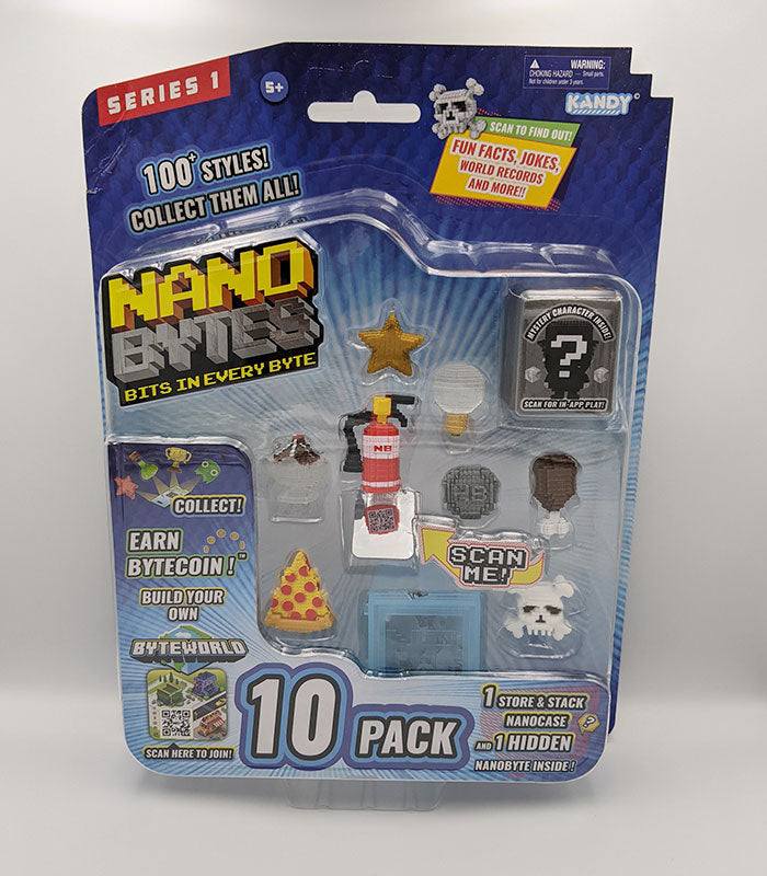 Nanobytes 10 Pack - Gold Star Set in packaging with various collectible items and QR code for Byte World.
