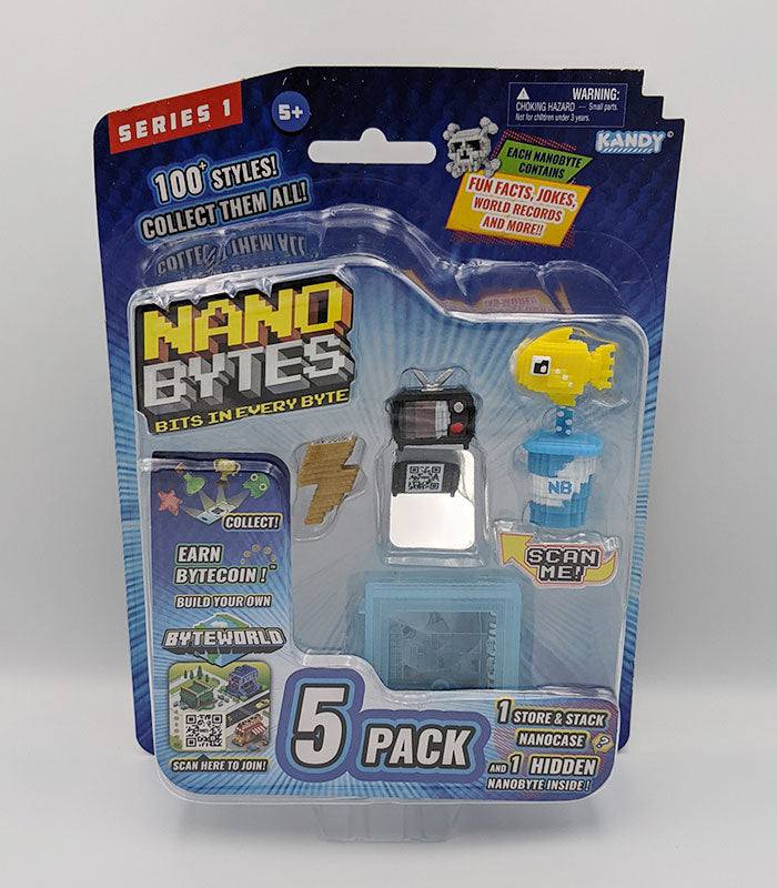 Nanobytes 5 Pack - Blue Drink Set packaging with collectible items and QR scan feature.