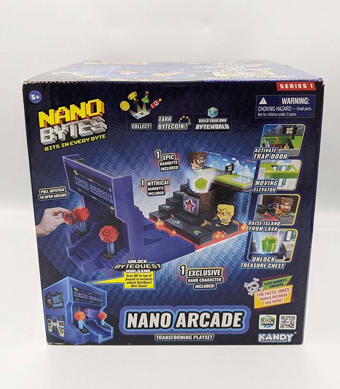 Nanobytes Arcade Playset packaging showcasing features like trap door, elevator, and Byte World integration.
