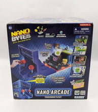 Load image into Gallery viewer, Nanobytes Arcade Playset packaging showcasing features like trap door, elevator, and Byte World integration.
