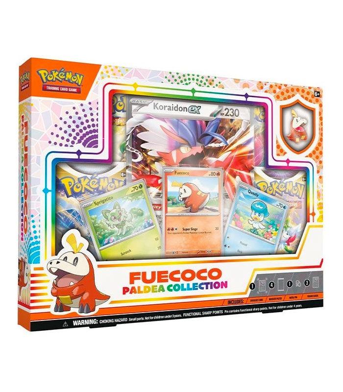 Pokemon TCG Paldea Collection box featuring Fuecoco and Koraidon promo cards, booster packs, and Fuecoco pin.
