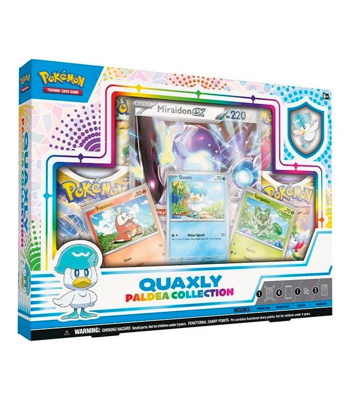 Pokemon TCG Paldea Collection box featuring Quaxly & Miraidon cards and pin.