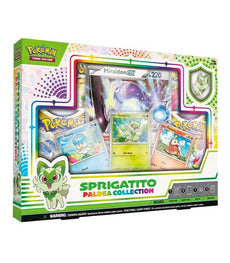 Pokemon TCG Paldea Collection with Sprigatito & Miraidon cards and pin badge.