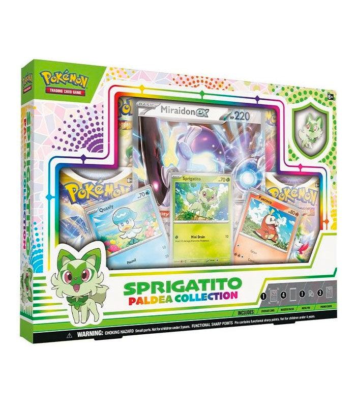 Pokemon TCG Paldea Collection with Sprigatito & Miraidon cards and pin badge.