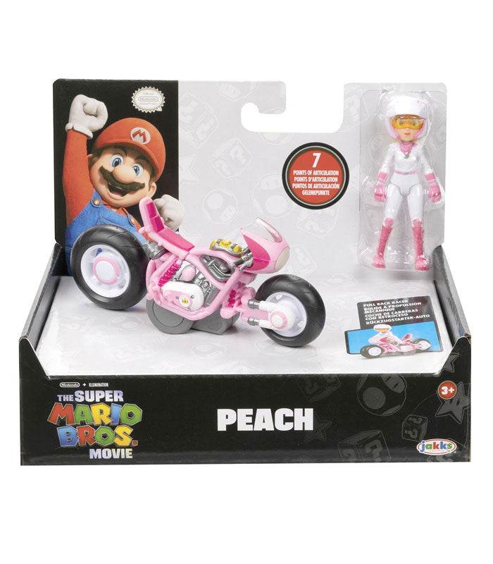 Super Mario Bros. Movie Peach Kart and Figure set in package with poseable Peach figure and detailed kart.