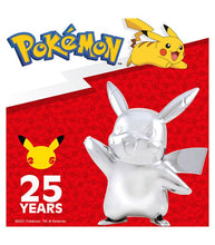 Load image into Gallery viewer, Pikachu Pokémon 25th Anniversary Silver 3 Inch Vinyl Figure in decorative box.
