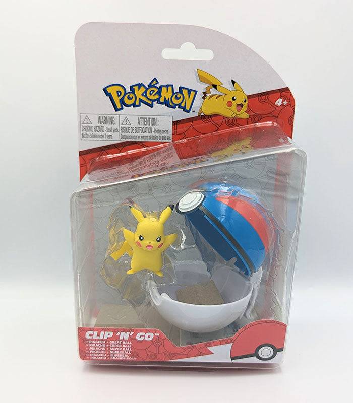 Pikachu Clip 'N' Go set with Great Ball in packaging for ages 4 and up.