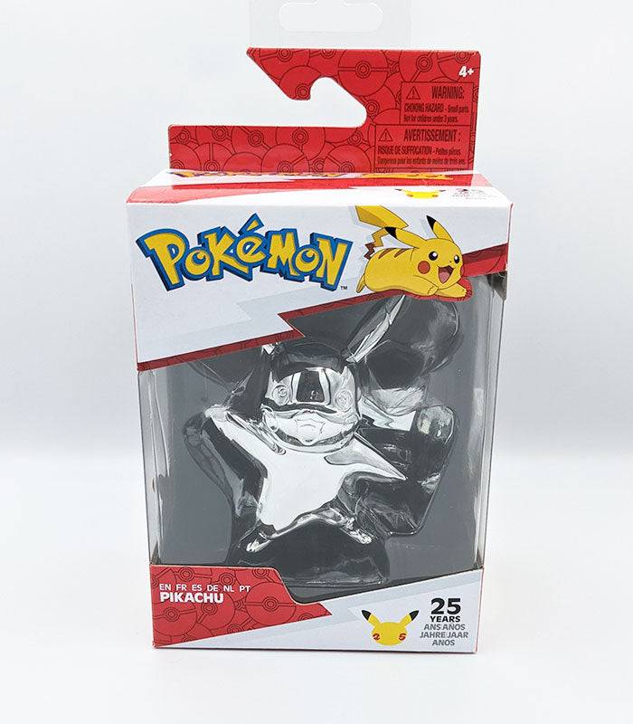 Pikachu Pokémon 25th Anniversary Silver 3 Inch Vinyl Figure in decorative box.