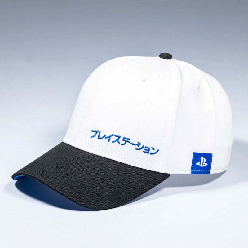 Official Playstation Japanese Inspired Snapback with embroidered logo, adjustable fit, black and white design.