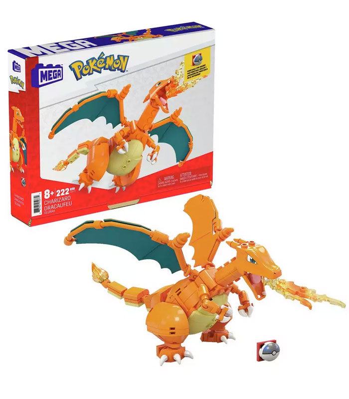 Pokemon Mega Charizard building toy set with 222 pieces, featuring Charizard figure in various battle poses. Suitable for ages 6 and up.