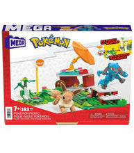 Load image into Gallery viewer, MEGA Pokemon Picnic Construction Set with Eevee and Lucario figures and buildable food stand.
