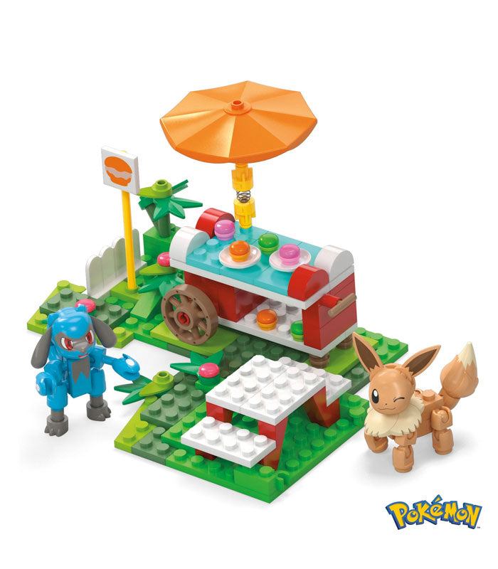 MEGA Pokemon Picnic Construction Set with Eevee and Lucario figures and food stand.