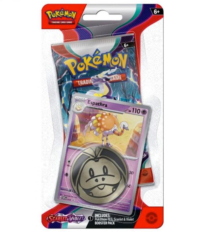 Pokemon Trading Card Game Scarlet & Violet Espathra Checklane Blister Pack with promo card and flip coin.