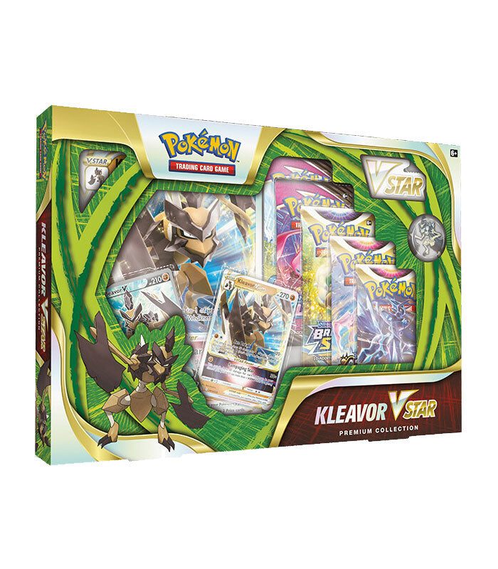 Pokemon TCG Kleavor VSTAR Premium Collection with foil promo card, collector's pin, oversize card, glossy coin, and booster packs.