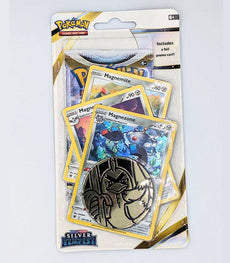 Pokémon TCG Silver Tempest Blister Pack featuring Magnemite, Magneton, Magnezone cards and Psyduck coin.