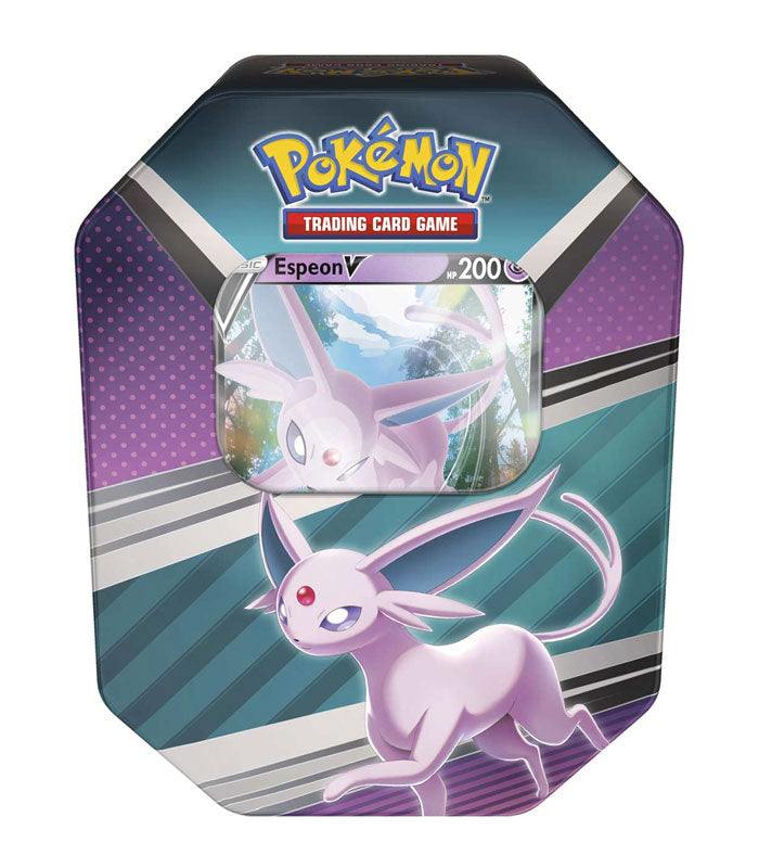 Pokémon TCG V Heroes Tin featuring Espeon V card and booster packs.
