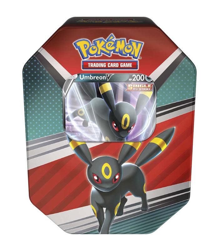 Pokémon TCG V Heroes Tin featuring Umbreon V card and booster packs.
