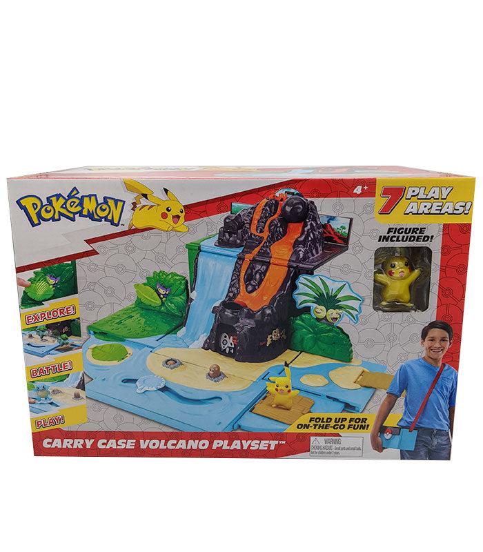 Pokemon Carry Case Volcano Playset with 7 zones, erupting volcano, and Pikachu figure.